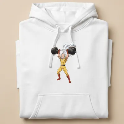 Anime-style graphic of Saitama lifting weights with a deadpan expression — printed on a unisex hoodie