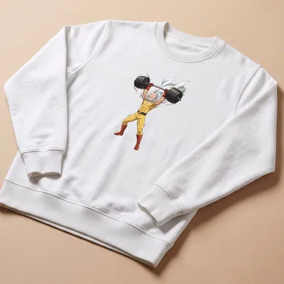 Anime-style graphic of Saitama lifting weights with a deadpan expression — printed on a unisex sweatshirt