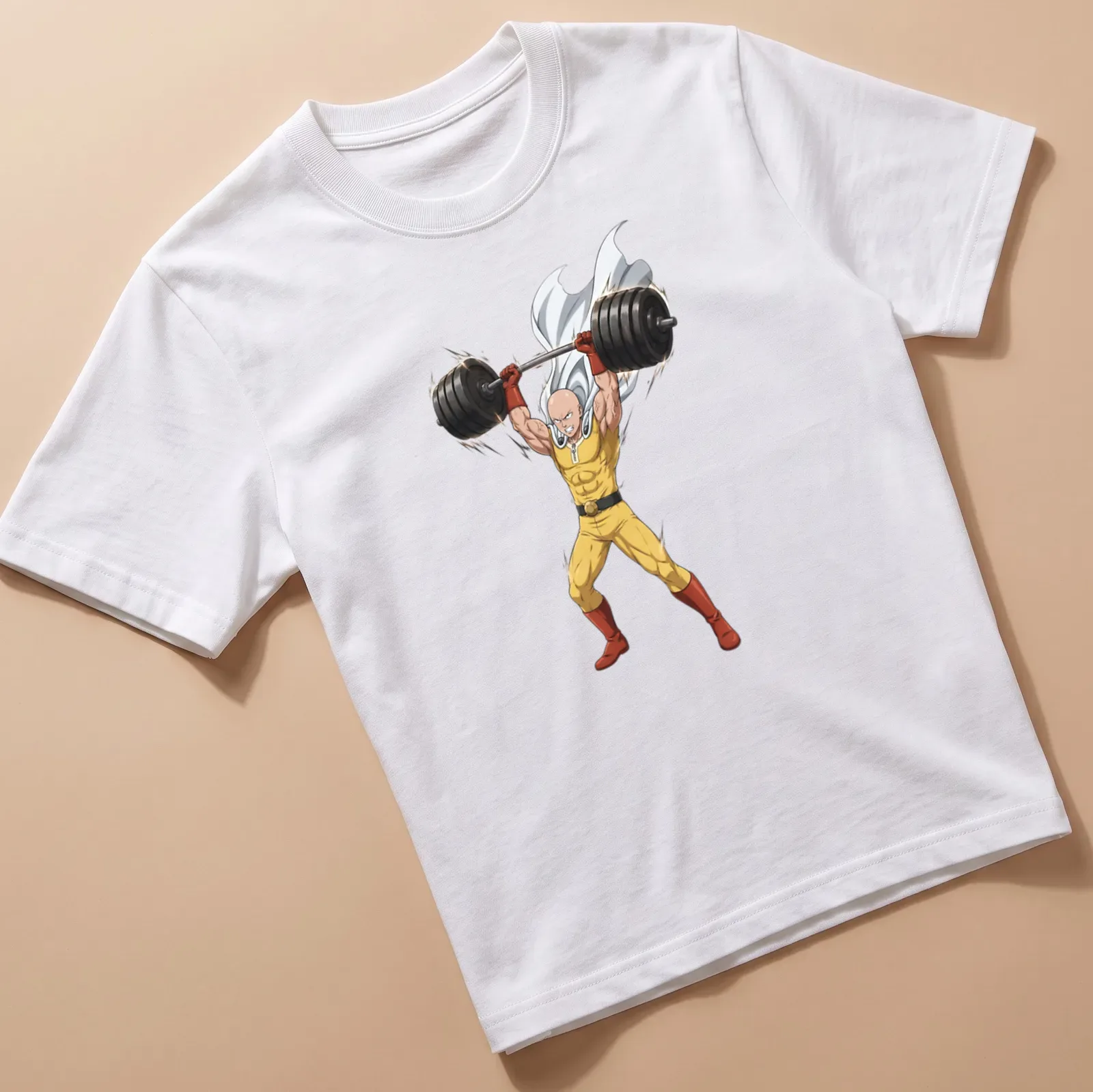 Anime-style graphic of Saitama lifting weights with a deadpan expression — printed on a unisex t-shirt