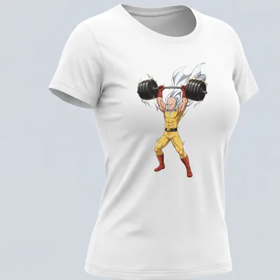 Anime-style graphic of Saitama lifting weights with a deadpan expression — printed on a women's shirt