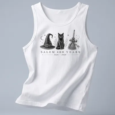 Vintage illustration featuring a black cat, witch hat, and broomstick, with retro text about Salem's anniversary. — printed on a tank top