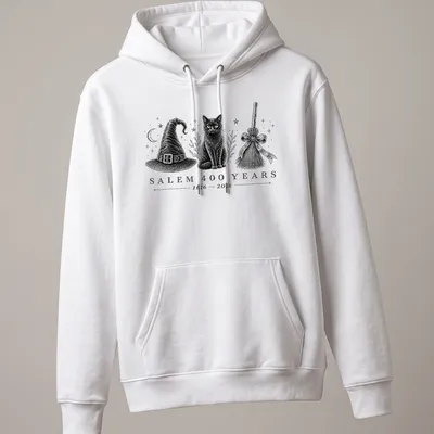 Vintage illustration featuring a black cat, witch hat, and broomstick, with retro text about Salem's anniversary. — printed on a unisex hoodie