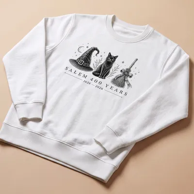 Vintage illustration featuring a black cat, witch hat, and broomstick, with retro text about Salem's anniversary. — printed on a unisex sweatshirt