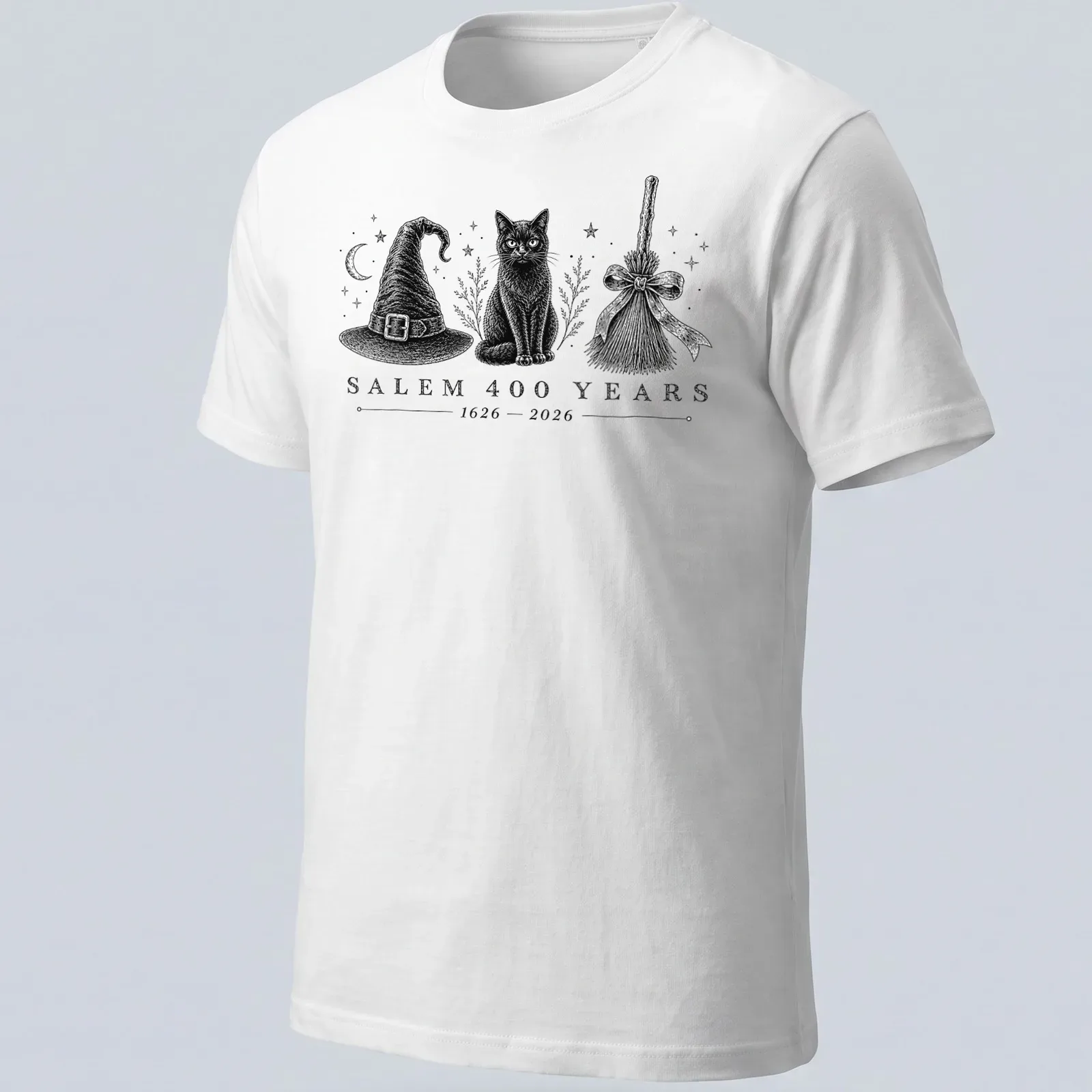 Vintage illustration featuring a black cat, witch hat, and broomstick, with retro text about Salem's anniversary. — printed on a unisex t-shirt