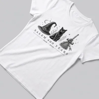 Vintage illustration featuring a black cat, witch hat, and broomstick, with retro text about Salem's anniversary. — printed on a women's shirt