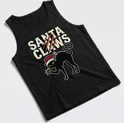 Funny pun t-shirt featuring a black cat and the text Santa Claws in red and white. — printed on a tank top