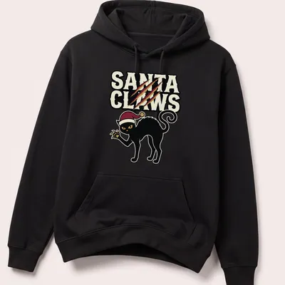 Funny pun t-shirt featuring a black cat and the text Santa Claws in red and white. — printed on a unisex hoodie