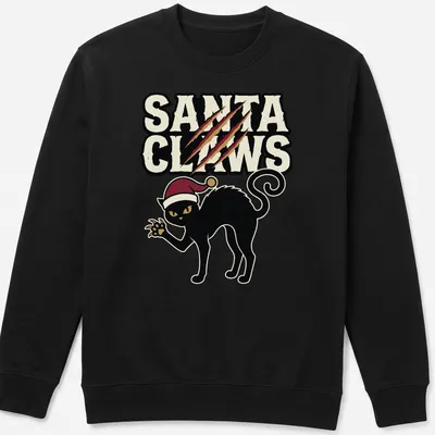Funny pun t-shirt featuring a black cat and the text Santa Claws in red and white. — printed on a unisex sweatshirt