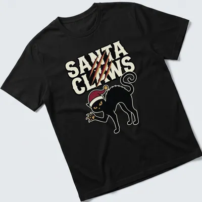 Funny pun t-shirt featuring a black cat and the text Santa Claws in red and white. — printed on a unisex t-shirt
