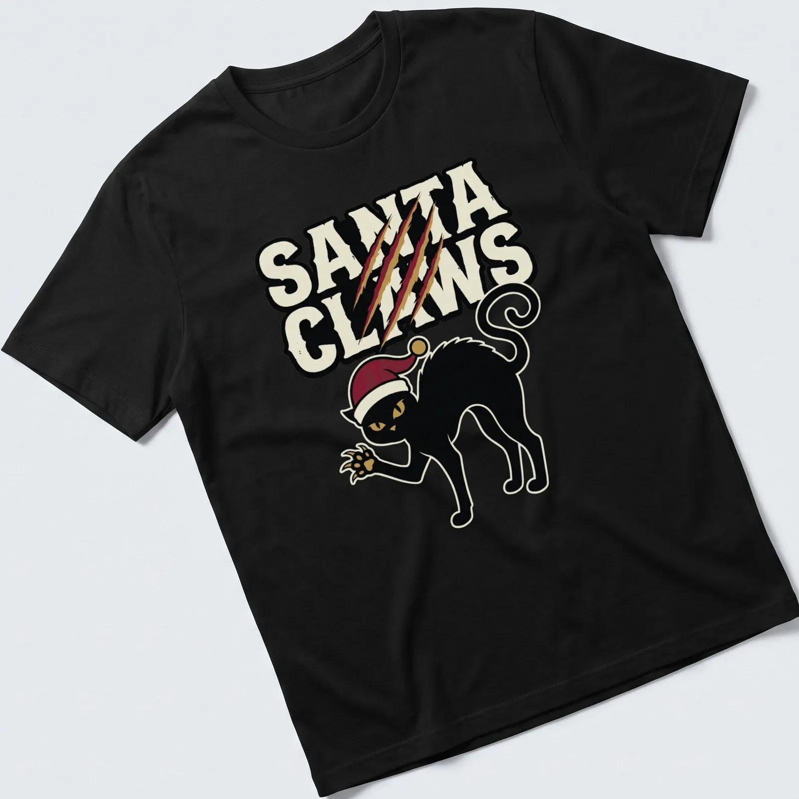 Funny pun t-shirt featuring a black cat and the text Santa Claws in red and white. — printed on a unisex t-shirt