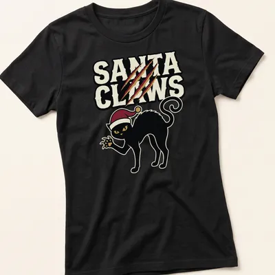 Funny pun t-shirt featuring a black cat and the text Santa Claws in red and white. — printed on a women's shirt