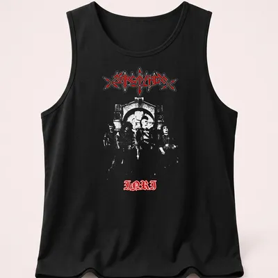 Bold gothic Sarcófago I.N.R.I logo in white on a red background — printed on a tank top