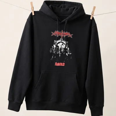 Bold gothic Sarcófago I.N.R.I logo in white on a red background — printed on a unisex hoodie