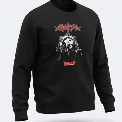 Bold gothic Sarcófago I.N.R.I logo in white on a red background — printed on a unisex sweatshirt