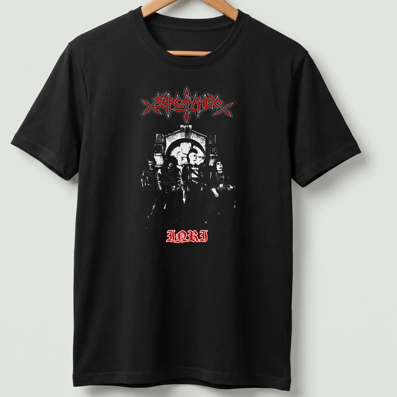 Bold gothic Sarcófago I.N.R.I logo in white on a red background — printed on a unisex t-shirt