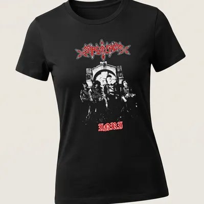 Bold gothic Sarcófago I.N.R.I logo in white on a red background — printed on a women's shirt