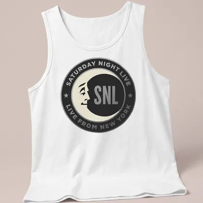 Moon face logo featuring Saturday Night Live SNL text in black and gray. — printed on a tank top