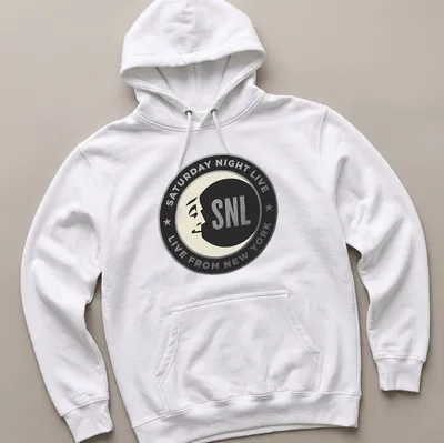 Moon face logo featuring Saturday Night Live SNL text in black and gray. — printed on a unisex hoodie