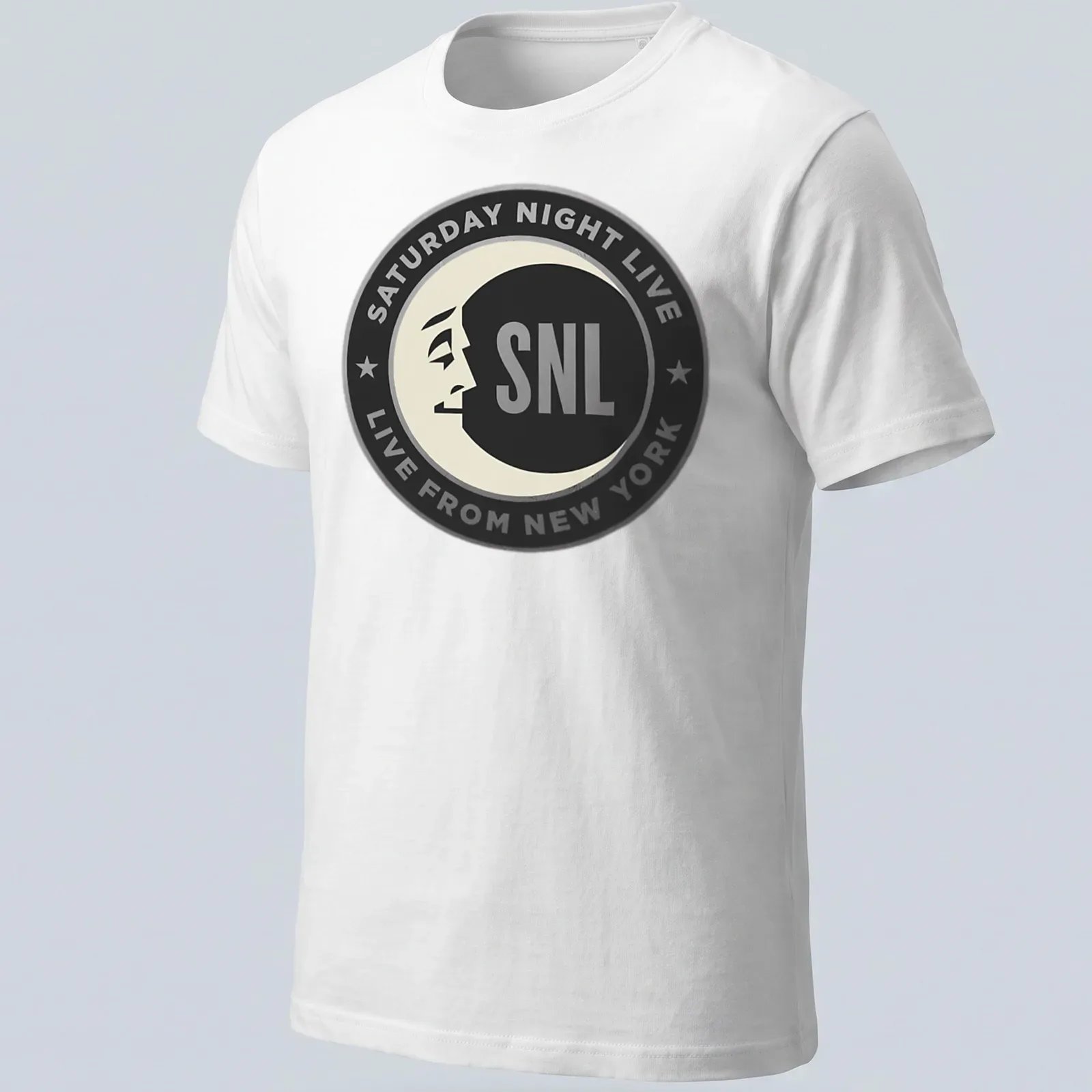 Moon face logo featuring Saturday Night Live SNL text in black and gray. — printed on a unisex t-shirt