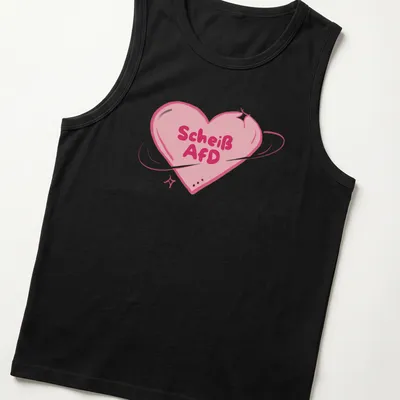 Kawaii cartoon heart design with bold text "Scheiß AfD" in pink tones. — printed on a tank top