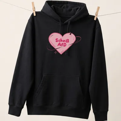 Kawaii cartoon heart design with bold text "Scheiß AfD" in pink tones. — printed on a unisex hoodie