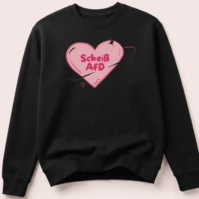 Kawaii cartoon heart design with bold text "Scheiß AfD" in pink tones. — printed on a unisex sweatshirt