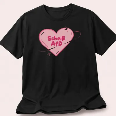 Kawaii cartoon heart design with bold text "Scheiß AfD" in pink tones.