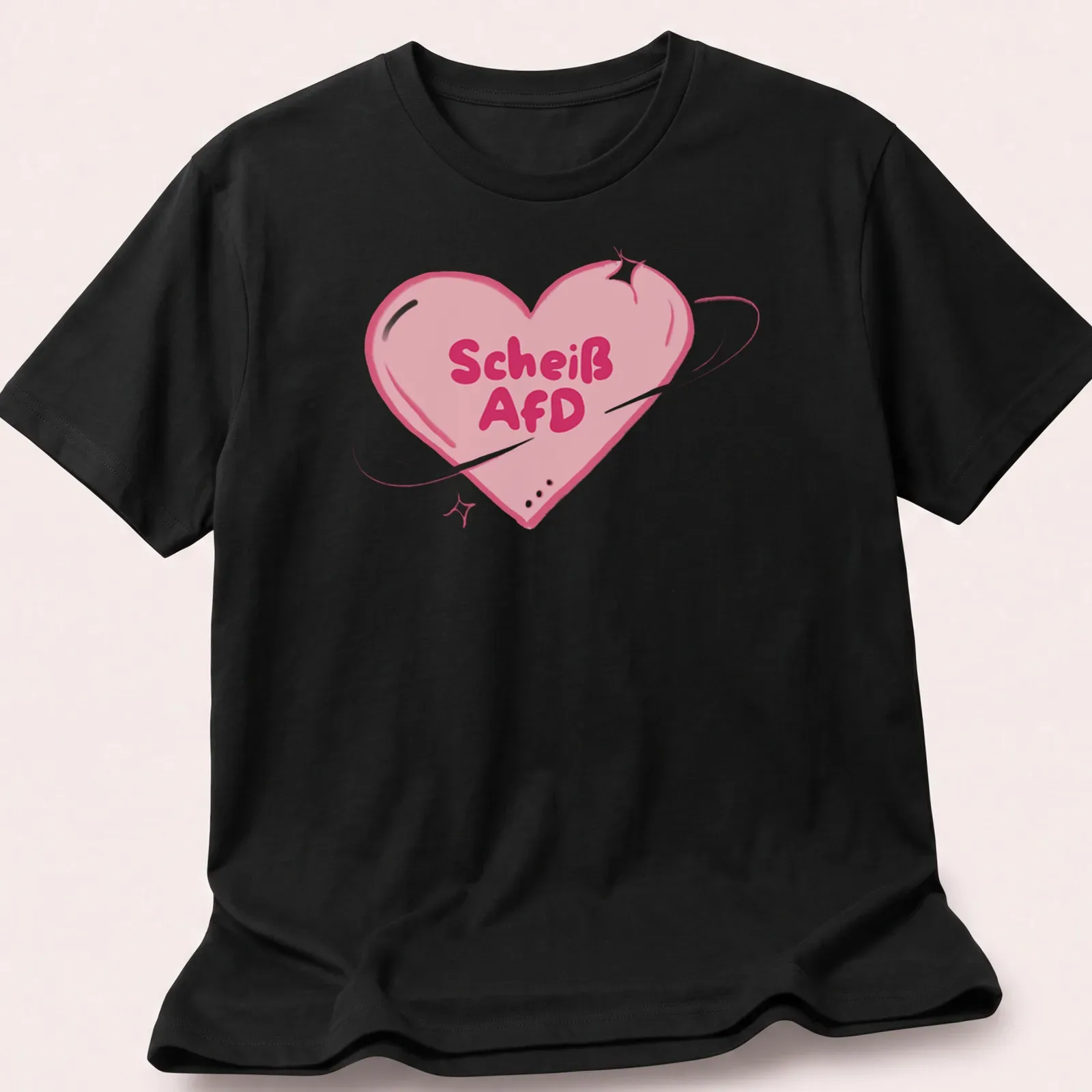 Kawaii cartoon heart design with bold text "Scheiß AfD" in pink tones. — printed on a unisex t-shirt