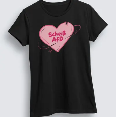 Kawaii cartoon heart design with bold text "Scheiß AfD" in pink tones. — printed on a women's shirt
