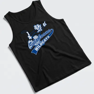 Cartoon wildcat mascot graphic with Schoolname WILDCATS text in blue and white. — printed on a tank top