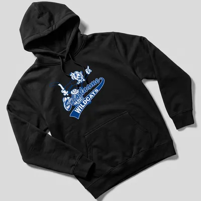 Cartoon wildcat mascot graphic with Schoolname WILDCATS text in blue and white. — printed on a unisex hoodie