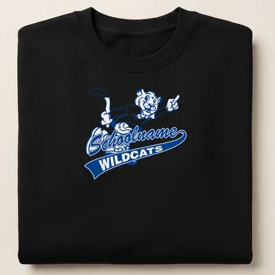 Cartoon wildcat mascot graphic with Schoolname WILDCATS text in blue and white. — printed on a unisex sweatshirt