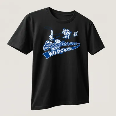 Cartoon wildcat mascot graphic with Schoolname WILDCATS text in blue and white. — printed on a unisex t-shirt (angled view)