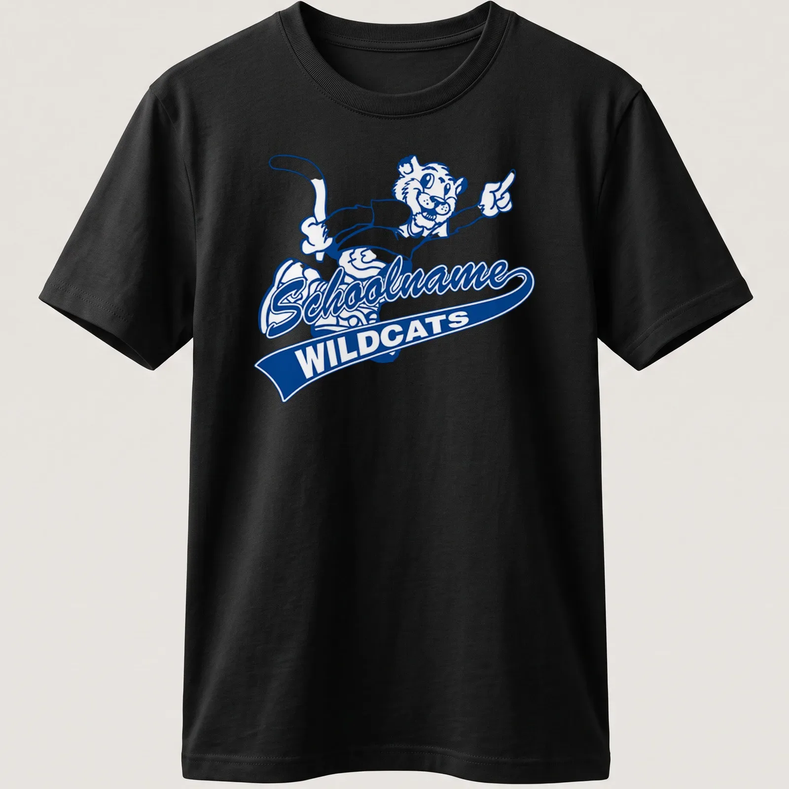 Cartoon wildcat mascot graphic with Schoolname WILDCATS text in blue and white. — printed on a unisex t-shirt