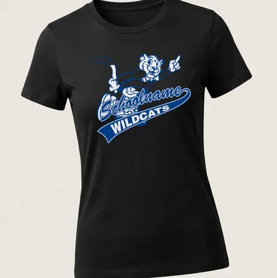 Cartoon wildcat mascot graphic with Schoolname WILDCATS text in blue and white. — printed on a women's shirt