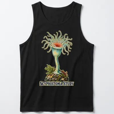 Vintage illustration of a jellyfish polyp with the text 'Scyphistoma Study' — printed on a tank top