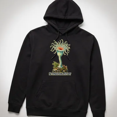 Vintage illustration of a jellyfish polyp with the text 'Scyphistoma Study' — printed on a unisex hoodie