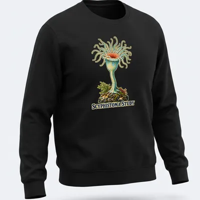 Vintage illustration of a jellyfish polyp with the text 'Scyphistoma Study' — printed on a unisex sweatshirt