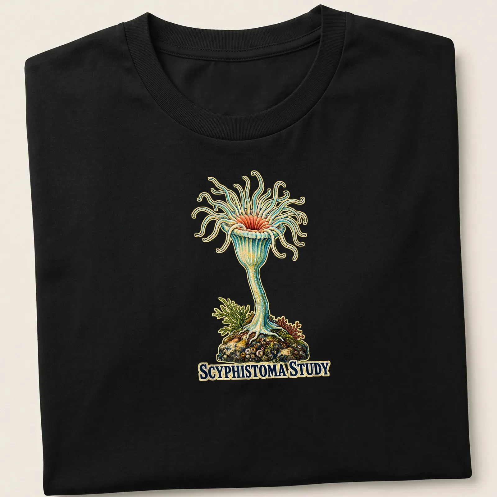 Vintage illustration of a jellyfish polyp with the text 'Scyphistoma Study' — printed on a unisex t-shirt