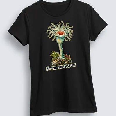 Vintage illustration of a jellyfish polyp with the text 'Scyphistoma Study' — printed on a women's shirt