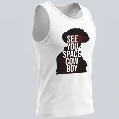 Minimalist t-shirt featuring a cowboy silhouette and the phrase 'See You Space Cowboy' in bold lettering. — printed on a tank top