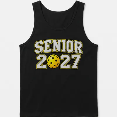 Graduation shirt with 'Senior 2027' in bold sports lettering over a pickleball graphic — printed on a tank top
