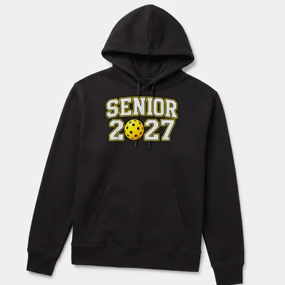 Graduation shirt with 'Senior 2027' in bold sports lettering over a pickleball graphic — printed on a unisex hoodie