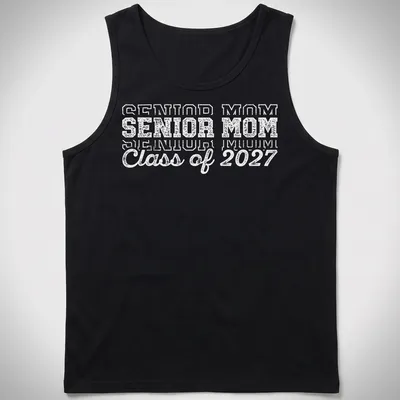 Bold text Senior Mom Class of 2027 graduation t-shirt in white — printed on a tank top