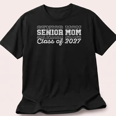 Bold text Senior Mom Class of 2027 graduation t-shirt in white