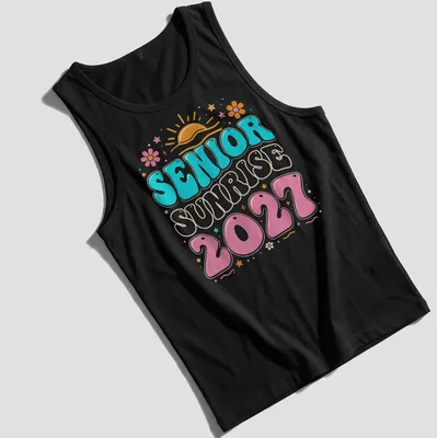 Colorful retro graphic tee featuring a sunrise and text: Senior Sunrise 2027 — printed on a tank top