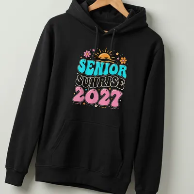 Colorful retro graphic tee featuring a sunrise and text: Senior Sunrise 2027 — printed on a unisex hoodie