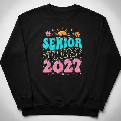 Colorful retro graphic tee featuring a sunrise and text: Senior Sunrise 2027 — printed on a unisex sweatshirt