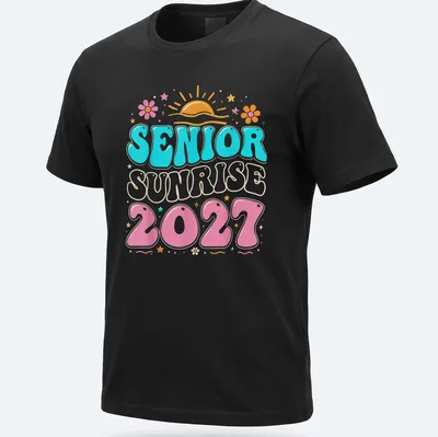 Colorful retro graphic tee featuring a sunrise and text: Senior Sunrise 2027