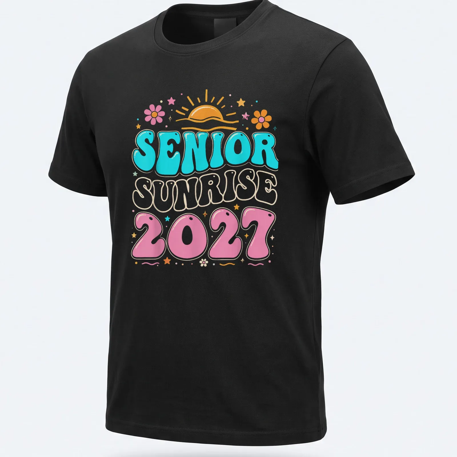 Colorful retro graphic tee featuring a sunrise and text: Senior Sunrise 2027 — printed on a unisex t-shirt